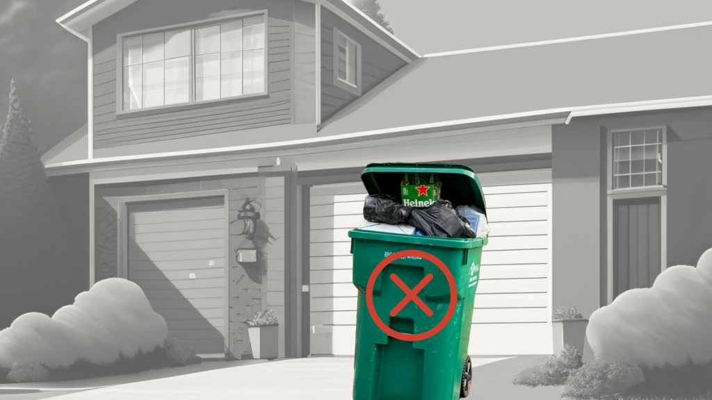 a green recycling cart is super-imposed in front of a black and white house. the cart has non-accepted plastic bags and a red X for rejected.
