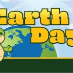 A cartoon turtle and the Earth with words in yellow "Earth Day"