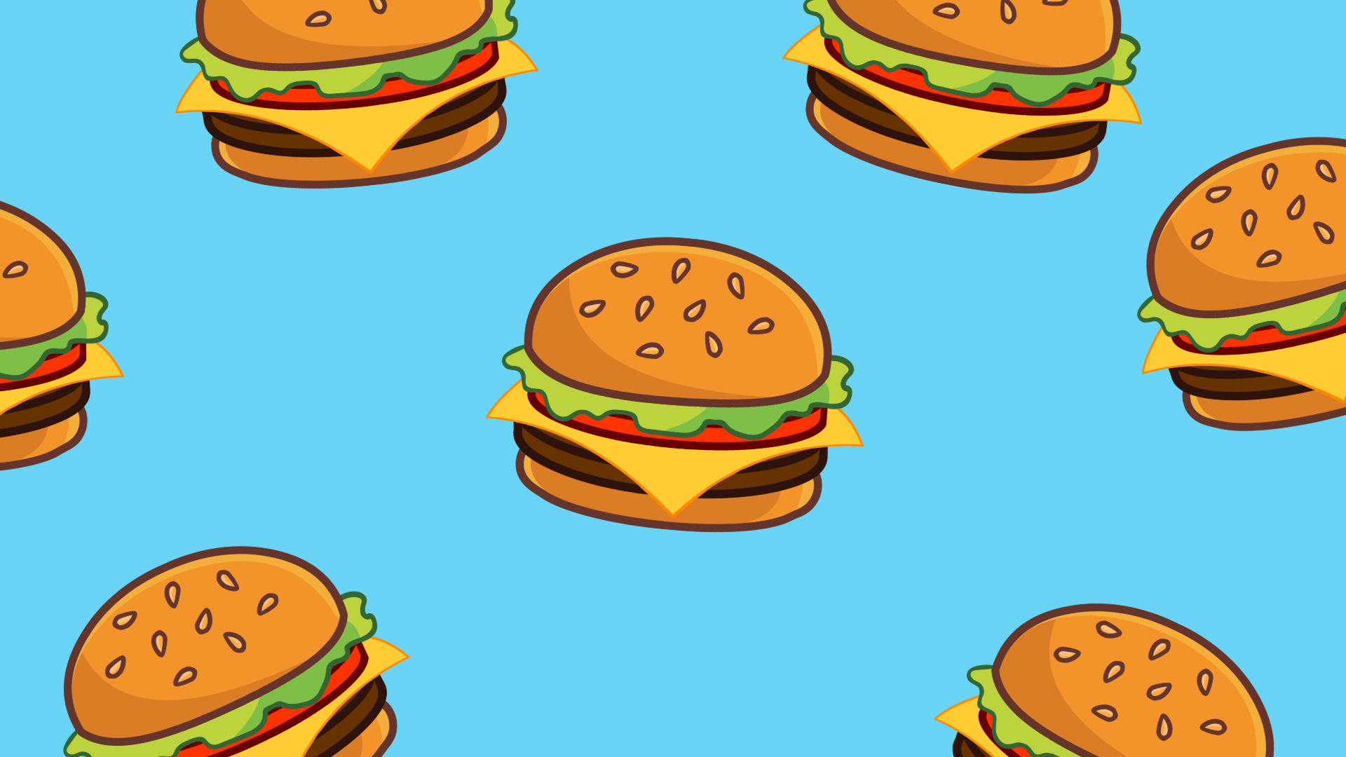 cartoon cheeseburgers float on a bright blue background